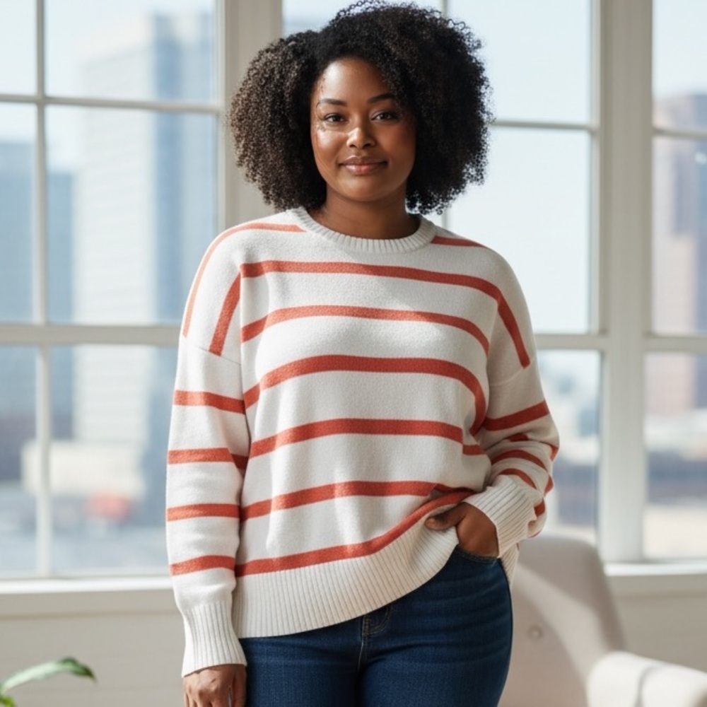 Magaschoni Cream and Orange Striped Sweater - Casual - Size XL